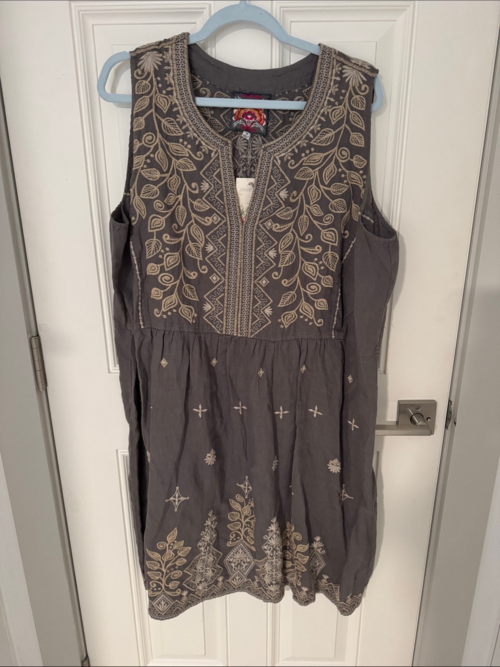 Johnny Was VMNS Tasha Tank Dress Gray with Cream Embroidered Sleeveless